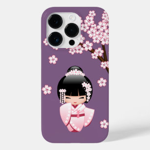 Coque Case-Mate iPhone Kokeshi Doll au kimono rose sur fond violet
