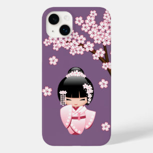 Coque Case-Mate iPhone Kokeshi Doll en kimono rose sur fond violet