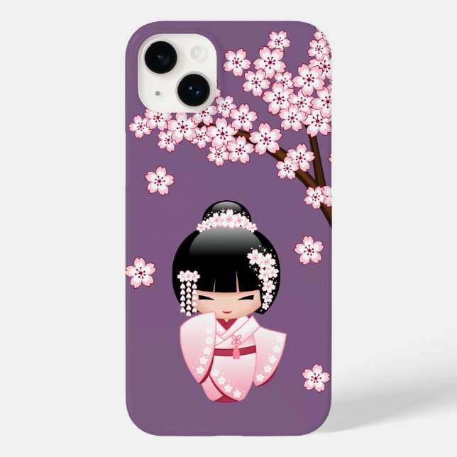 Coques Case-Mate iPhone Kokeshi Doll en kimono rose sur fond violet (Verso)