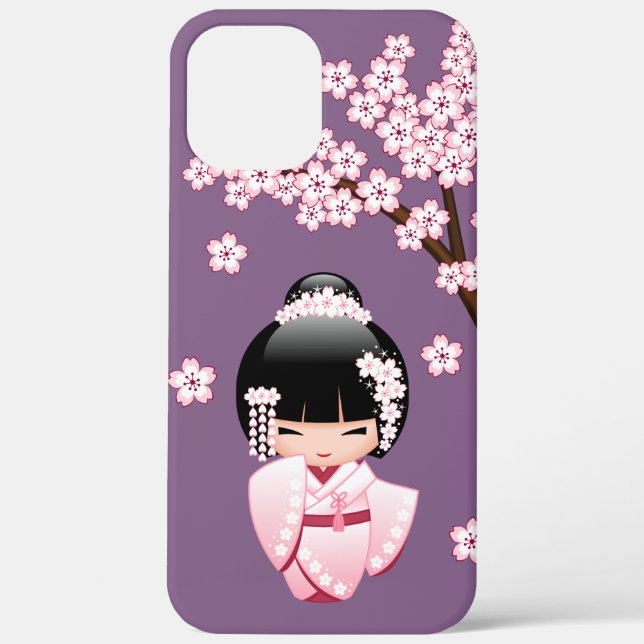 Coques Case-Mate iPhone Kokeshi Doll en kimono rose sur fond violet (Verso)