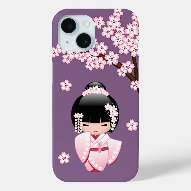 Coques Case-Mate iPhone Kokeshi Doll en kimono rose sur fond violet (Verso)