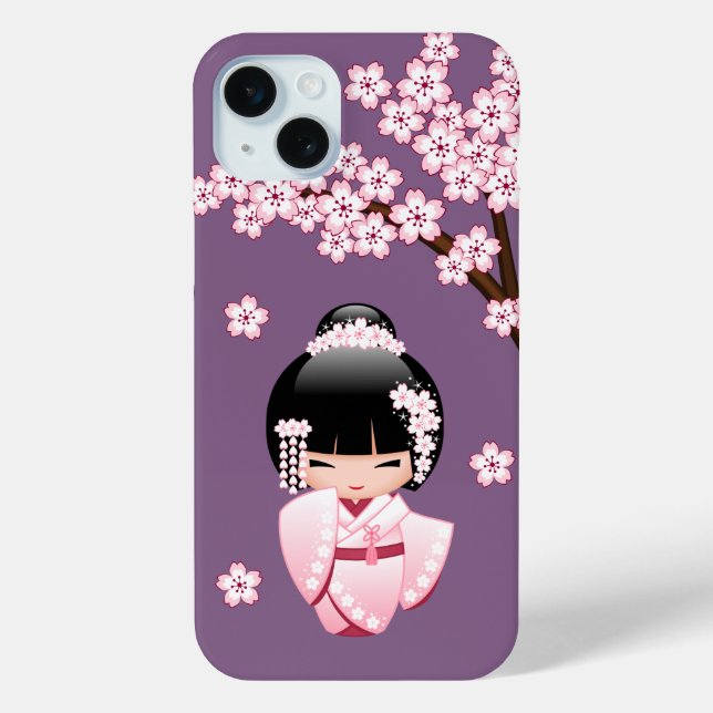 Coques Case-Mate iPhone Kokeshi Doll en kimono rose sur fond violet (Verso)