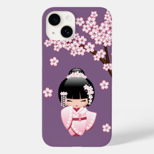 Coque Case-Mate iPhone Kokeshi Doll en kimono rose sur fond violet