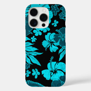 Coque iPhone 16 Pro Kona Times Hibiscus Hawaiian Ingénié Noir Turquois