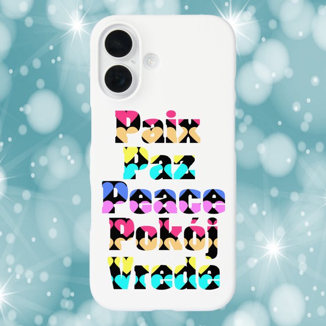 Coques Case-Mate iPhone La paix dans de nombreuses langues Coeurs lumineux (A phone case that says peace in different languages with a heart pattern)