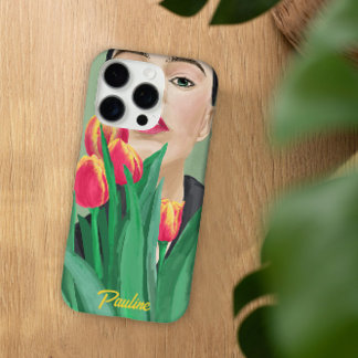 Coque iPhone 16 Pro Lady & Tulip Green Orange moderne peinture graphiq