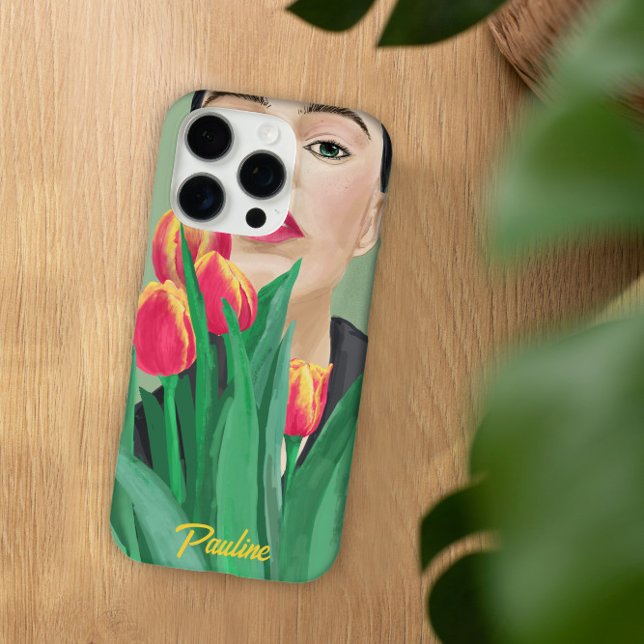 Coques Case-Mate iPhone Lady & Tulip Green Orange moderne peinture graphiq (Portrait art of lady with tulip "Dame à la tulipe", lady with yellow orange tulip on green;)