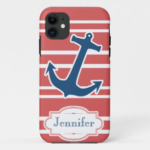 Coque iPhone 11 L'Ancre nautique bleue avec le rouge barre le