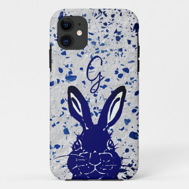 Coques Case-Mate iPhone Lapin Bleu Terrazzo Monogramme Moderne (Dos)