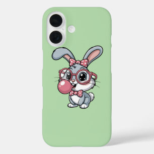 Coque Pour iPhone 16 Lapin mignon avec des lunettes qui souffle du chew
