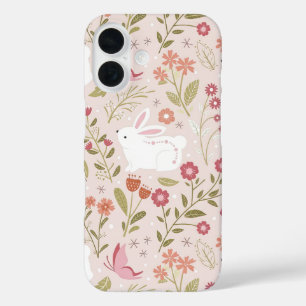 Coque Pour iPhone 16 Lapin Rose Fantaisiste et Prairie Florale