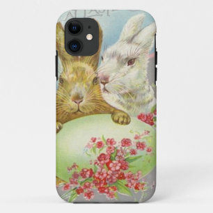 Coque iPhone 11 Lapins de Pâques vintage avec carte de Pâques d'œu