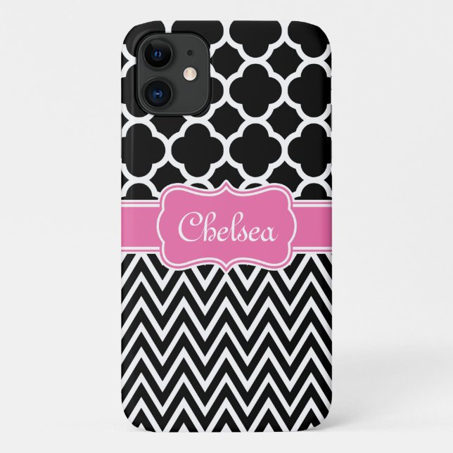 Coques Case-Mate iPhone Lattice noir / Chevron Motif Nom rose (Dos)