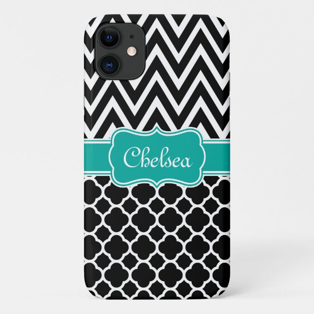 Coques Case-Mate iPhone Lattice noir / Chevron Motif Nom Turquoise (Dos)