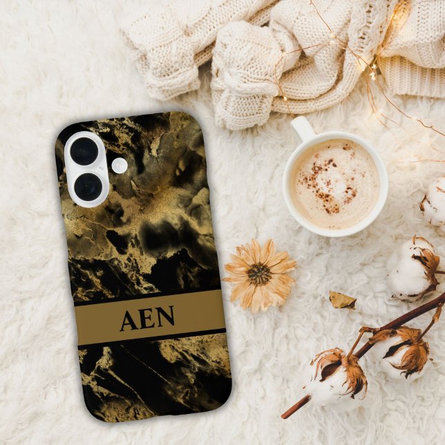 Coques Case-Mate iPhone Lavage à l'aquarelle de marbre noir et or Monogram (Monogrammed Black Gold Marble watercolor wash alcohol ink iPhone case)