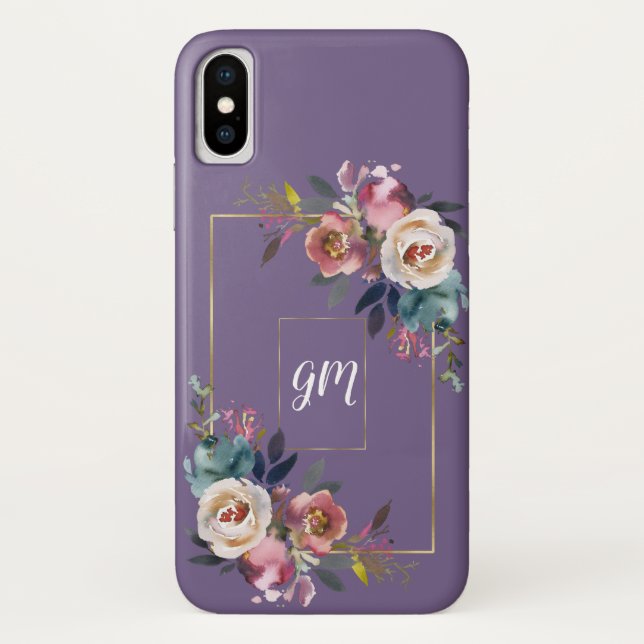 Coques Case-Mate iPhone Lavande d'or Dusty bleu rose floral Monogramme (Dos)
