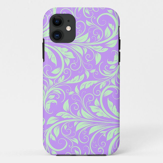 Coques Case-Mate iPhone Lavande et damassé florale verte en pastel (Dos)