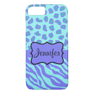 Coque iPhone 8/7 Lavande Turquoise Zebra Leopard Nom Personnalisé