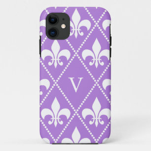 Coque iPhone 11 Lavender Fleur de Lis avec monogramme