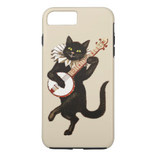 Coque Case-Mate Pour iPhone Le chat noir aux yeux verts vintage joue un banjo