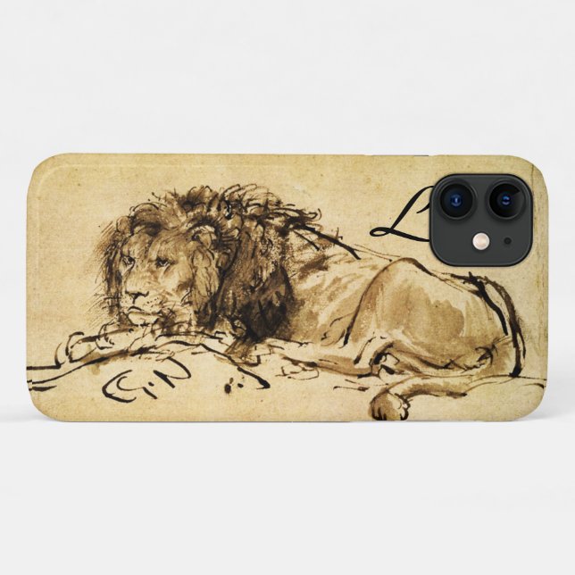 Coques Case-Mate iPhone LE LION DU CAP MENANT, Sepia, Monogramme noir (Dos (Horizontal))
