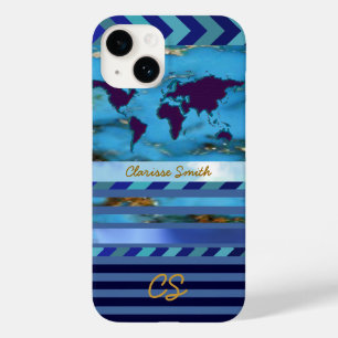 Coque Pour iPhone 14 le monde, rayures & nom sur bleu turquoise