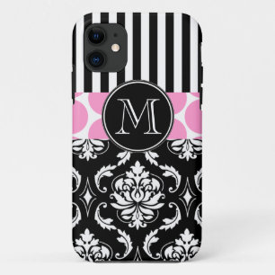 COQUES POUR iPhone LE NOIR ROSE GIRLY BARRE LE MONOGRAMME DE DAMASSÉ