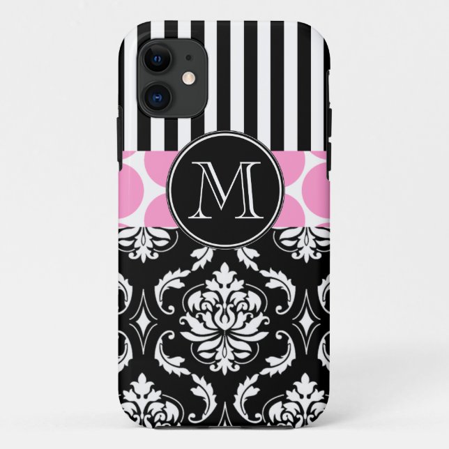 COQUES Case-Mate iPhone LE NOIR ROSE GIRLY BARRE LE MONOGRAMME DE DAMASSÉ (Dos)