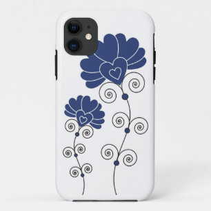 Coque Case-Mate Pour iPhone Le noir tourbillonne motif de fleurs bleu - blanc