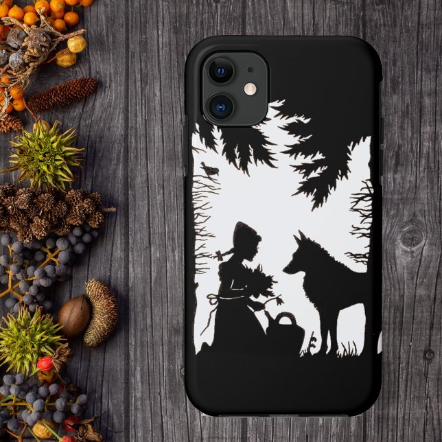 Coques Case-Mate iPhone Le Petit Chaperon Rouge Loup Silhouette Noire Bois (Black and white image red riding hood kneeling under trees with flowers and wolf on phone case.)