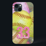 Coques Pour iPhone Le softball personnalisé de la fille<br><div class="desc">Coque iphone de softball féminin avec softballs rose et jaune vif et numéro et nom de maillot personnalisable par katz_d_zynes ::: également disponible pour d'autres modèles iPhone ainsi que les appareils iPad et Samsung ... pour d'autres appareils, sélectionnez votre type de périphérique dans la section "Options de style" de cette...</div>
