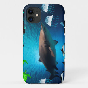 Coque iPhone 11 L'eau tropicale d'océan de dauphins de tortues de