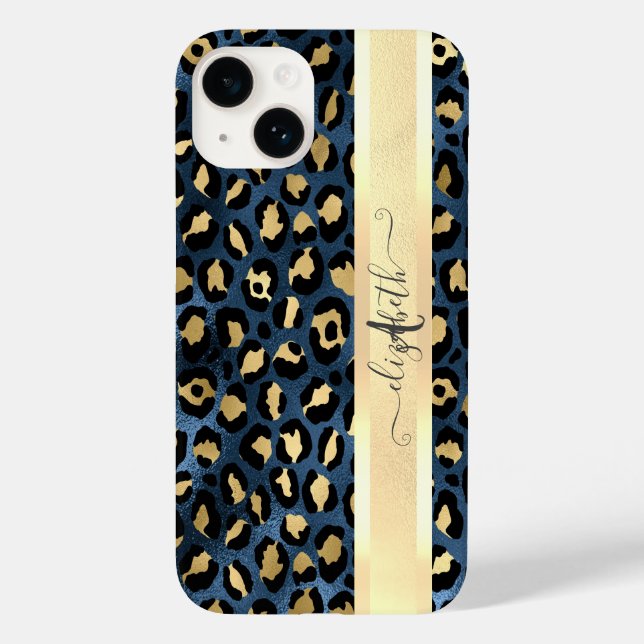 Coques Case-Mate iPhone Léopard Motif bleu or Monogramme (Verso)