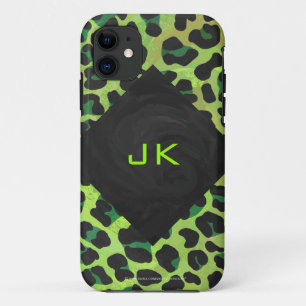 Coques Pour iPhone Léopard noir et vert avec Monogramme