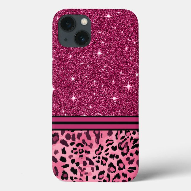 Coques Case-Mate iPhone Léopard rose et noir en faux parties scintillant (Verso)