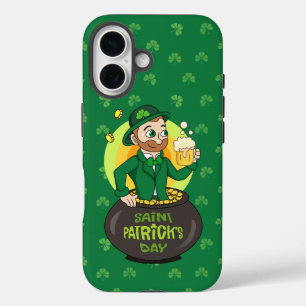Coque Pour iPhone 16 Leprechaun de dessin dans une casserole d'or tenan