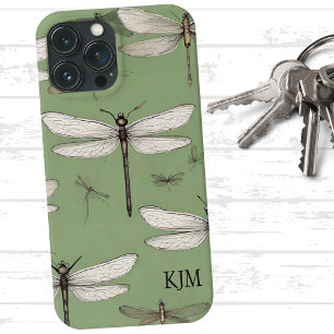 Case-Mate iPhone Case Les libellules vintages sur le Monogramme vert Sag