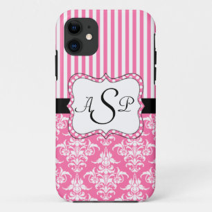 Coque Case-Mate iPhone Les rayures roses de damassé ont personnalisé le