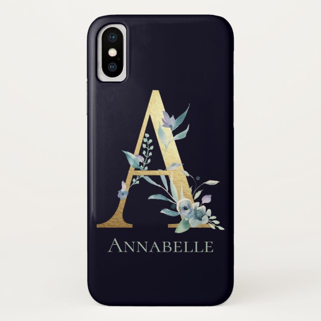 Coques Case-Mate iPhone Lettre A Monogramme Doré Fleurs Bleues nom personn (Dos)