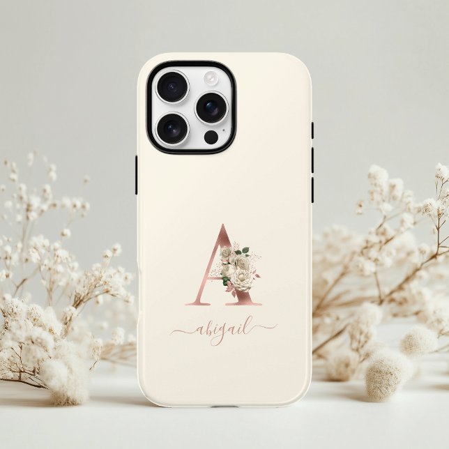 Coques Case-Mate iPhone Lettre « A » Monogramme Or Rose Floral Ivoire (Créateur téléchargé)
