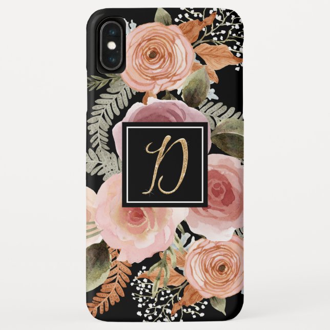Coques Case-Mate iPhone Lettre D or Aquarelle noire Monogramme floral (Dos)