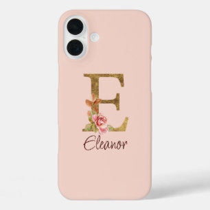 Coque Pour iPhone 16 Plus Lettre de nom personnalisée E Rose blush rose feui