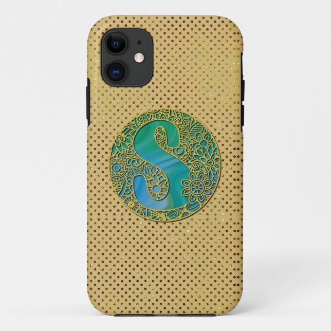 Coques Case-Mate iPhone Lettre d'or initiale et turquoise du Monogramme mo (Dos)