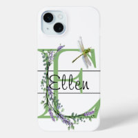 Lettre E de l'alphabet, libellule lavande à l'aqua