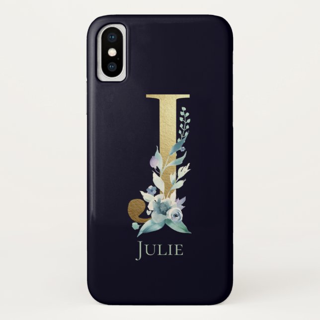 Coques Case-Mate iPhone Lettre J Monogramme Doré Fleurs Bleu Marine Nom (Dos)