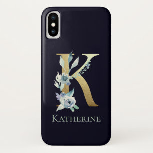 Case-Mate iPhone Case Lettre K Monogramme Doré Fleur Bleue Marine Nom