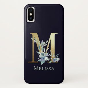 Case-Mate iPhone Case Lettre monogramme dorée M Bleu marine floral nom