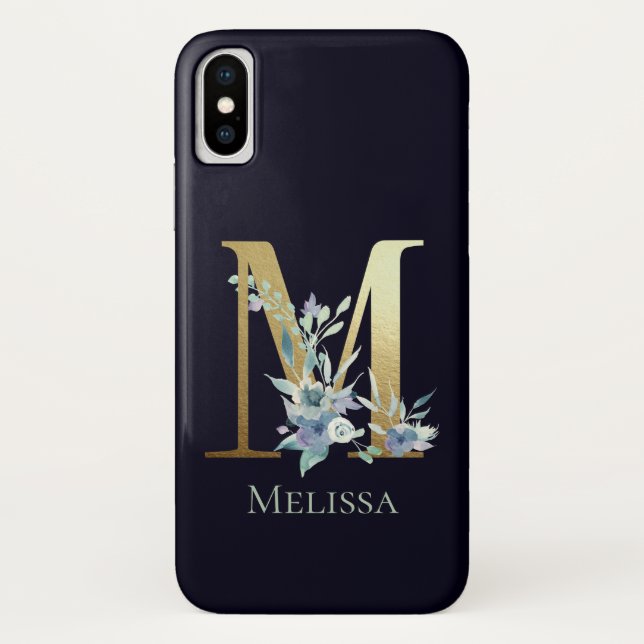 Coques Case-Mate iPhone Lettre monogramme dorée M Bleu marine floral nom (Dos)