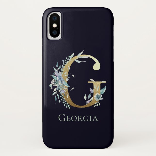 Coques Case-Mate iPhone Lettre monogramme or E Bleu marine floral Nom (Dos)