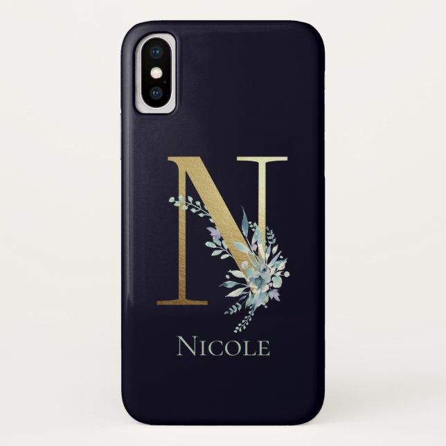 Coques Case-Mate iPhone Lettre monogramme or N Fleur Navy bleu Nom (Dos)